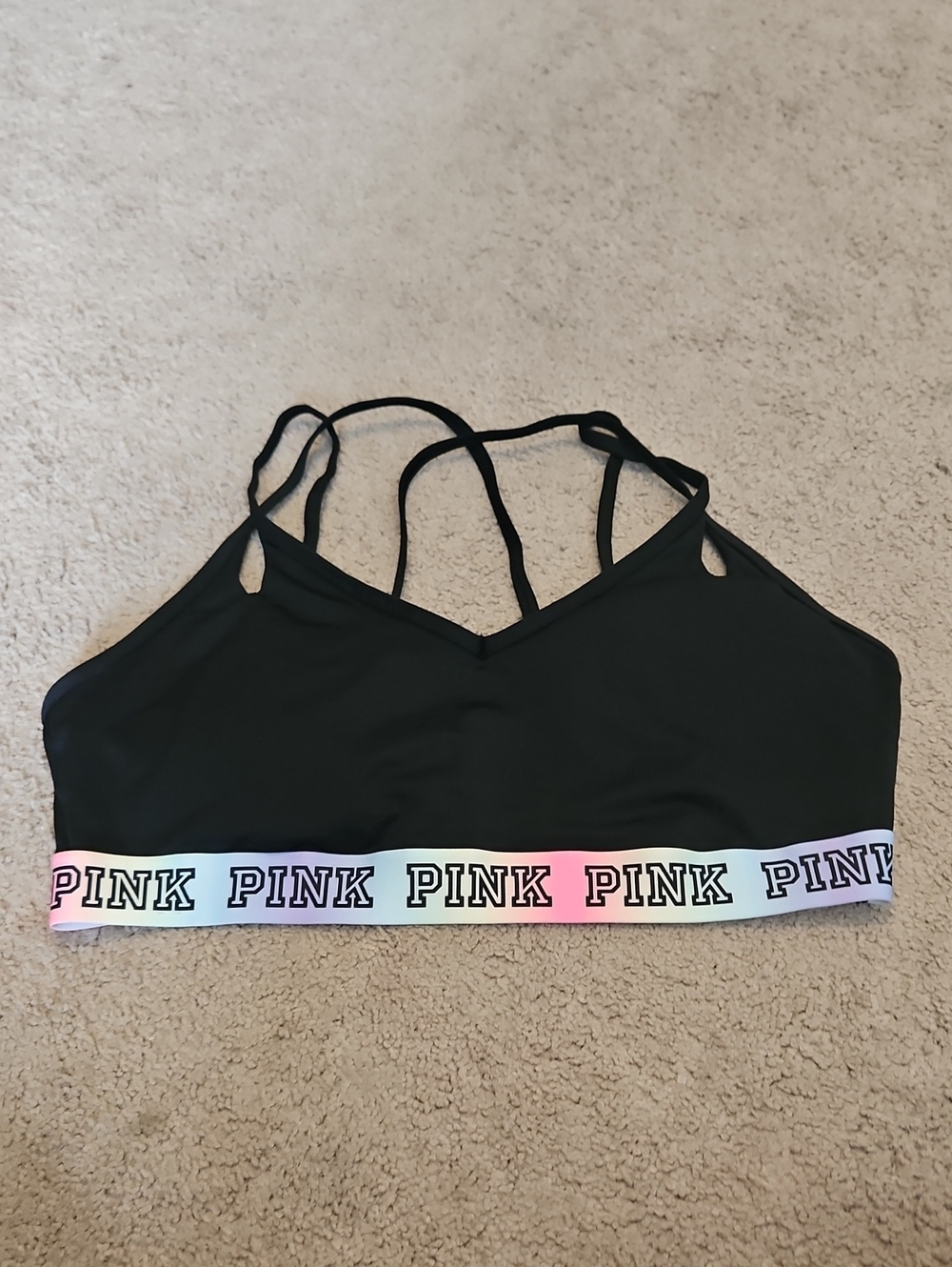 NWOT PINK Victoria's Secret Black Strappy Bralette with Rainbow Logo Band